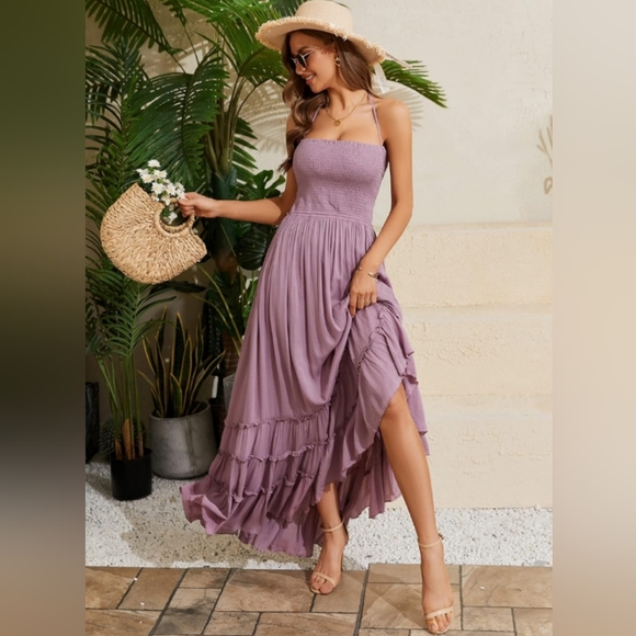 Lavender Lilac Long Gauze Boho Maxi Dress Tiered Flowy Bohemian Beach Vacation - Picture 8 of 15